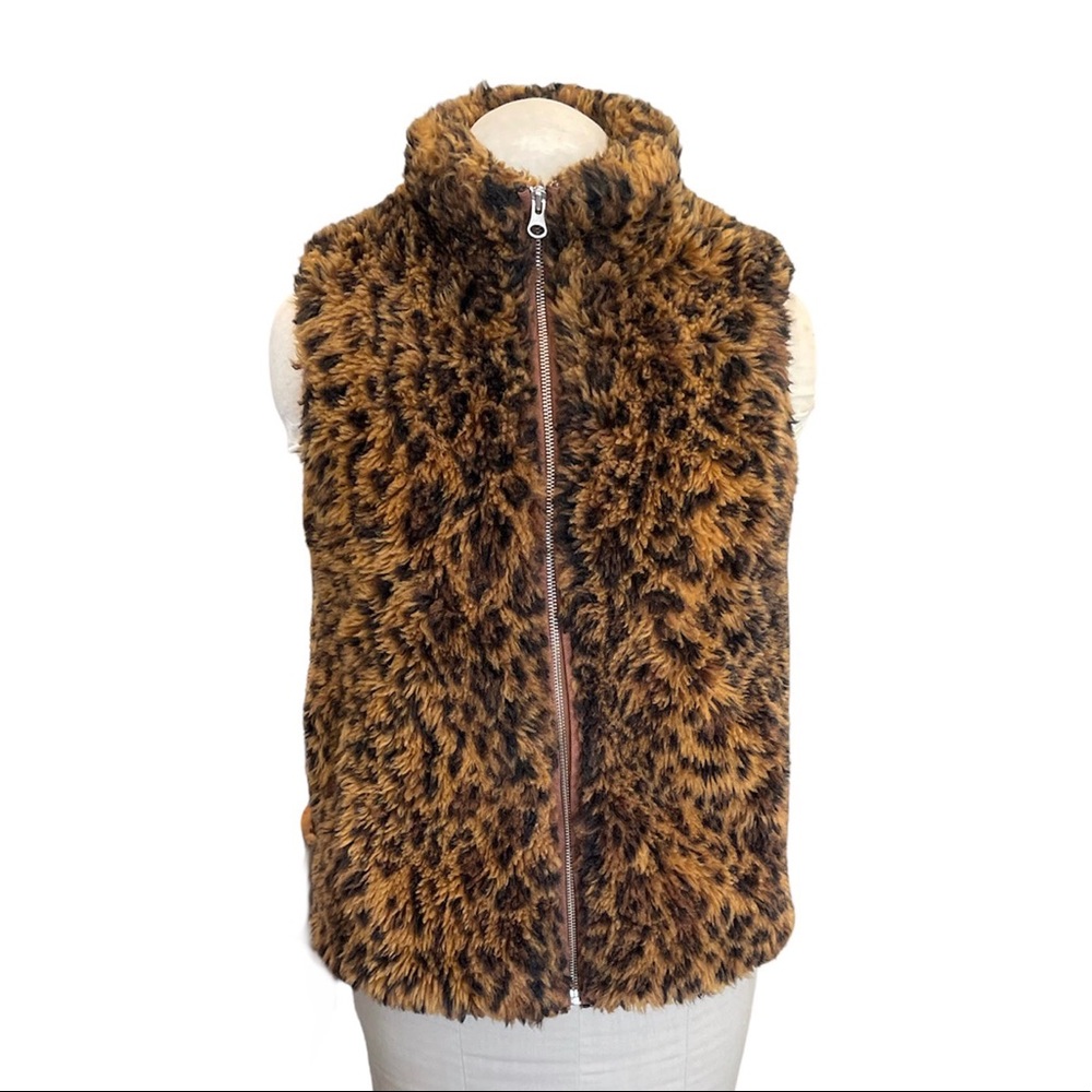 J Crew Faux Fur Jacket Vest Leopard Print Size XXS